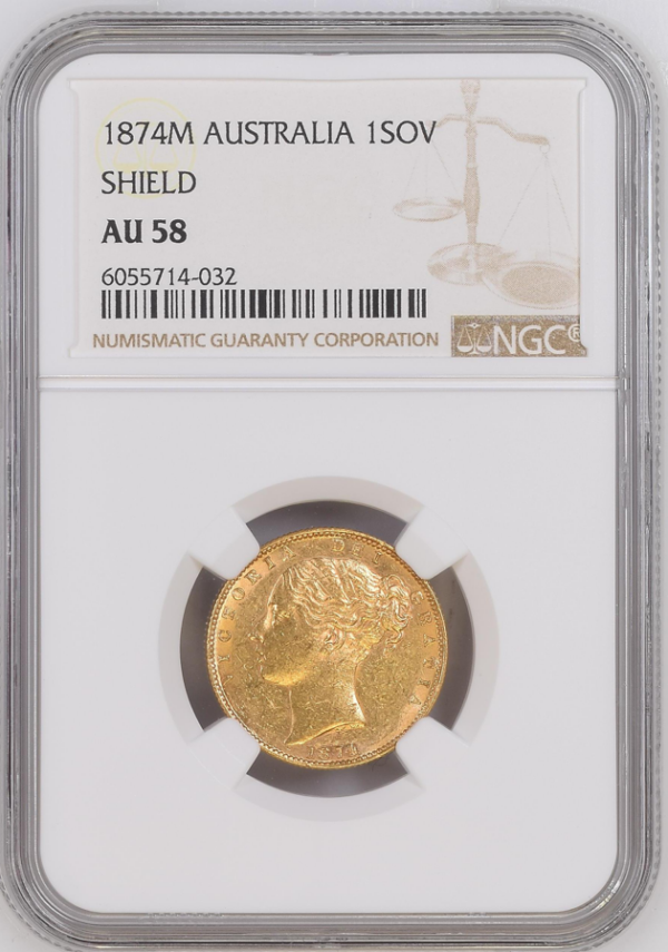 1874M AUSTRALIA SHIELD 1SOV gold au58 obverse